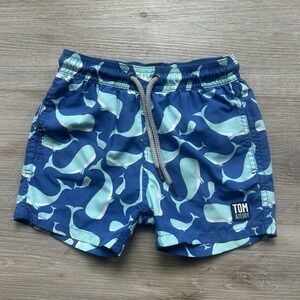 Boys Tom & Teddy Lined Swim Trunks Size 3/4 Blue with Blue Sharks Colorful